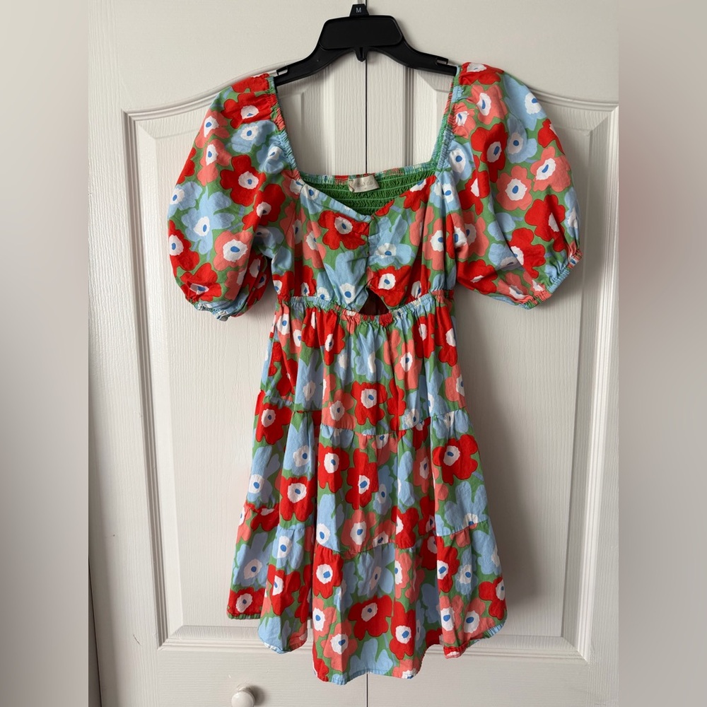 Altar'd State Red & Blue Floral Puff-Sleeve Dress